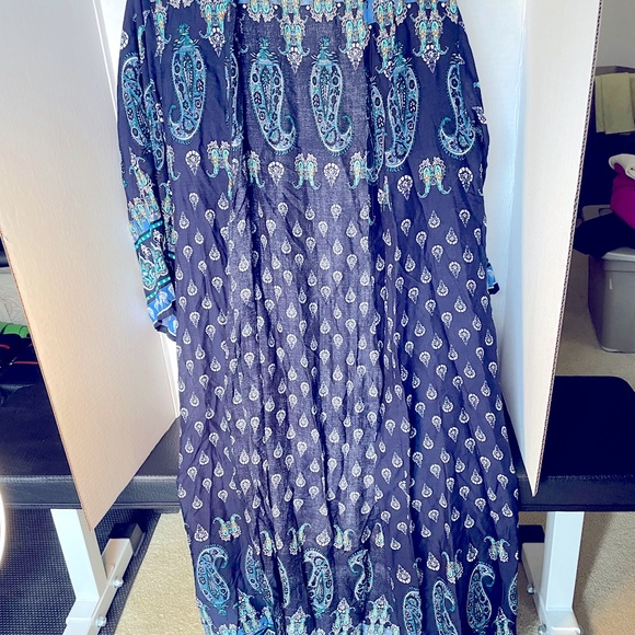 Maxi Kimono Cardigan beach cover up paisley print one size women navy blue boho - Picture 5 of 7